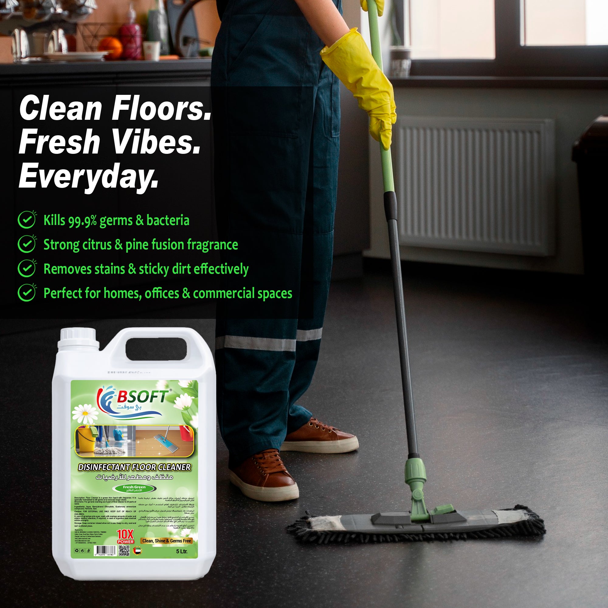 BSOFT Premium Quality Antibacterial Disinfentant Floor Cleaner With Fresh Green Scent 5 Liters