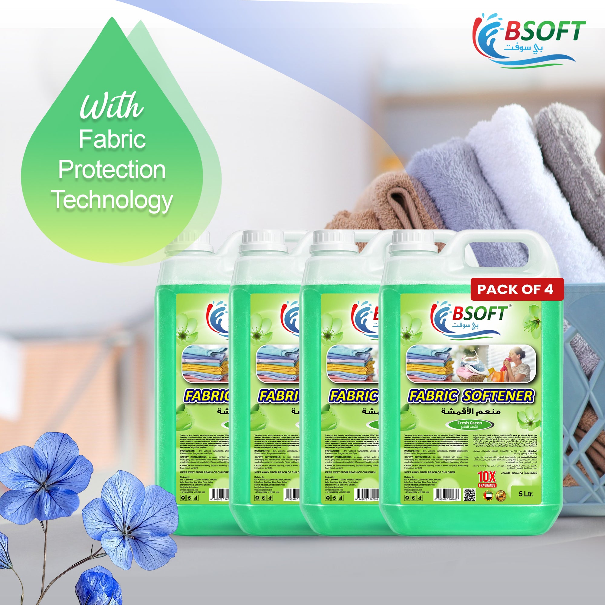 BSOFT Fabric Softener Concentrated Liquid With Fresh Green 5L Long-Lasting Freshness, Gentle Soft Care for Clothes, Safe for All Fabrics (Pack of 4)