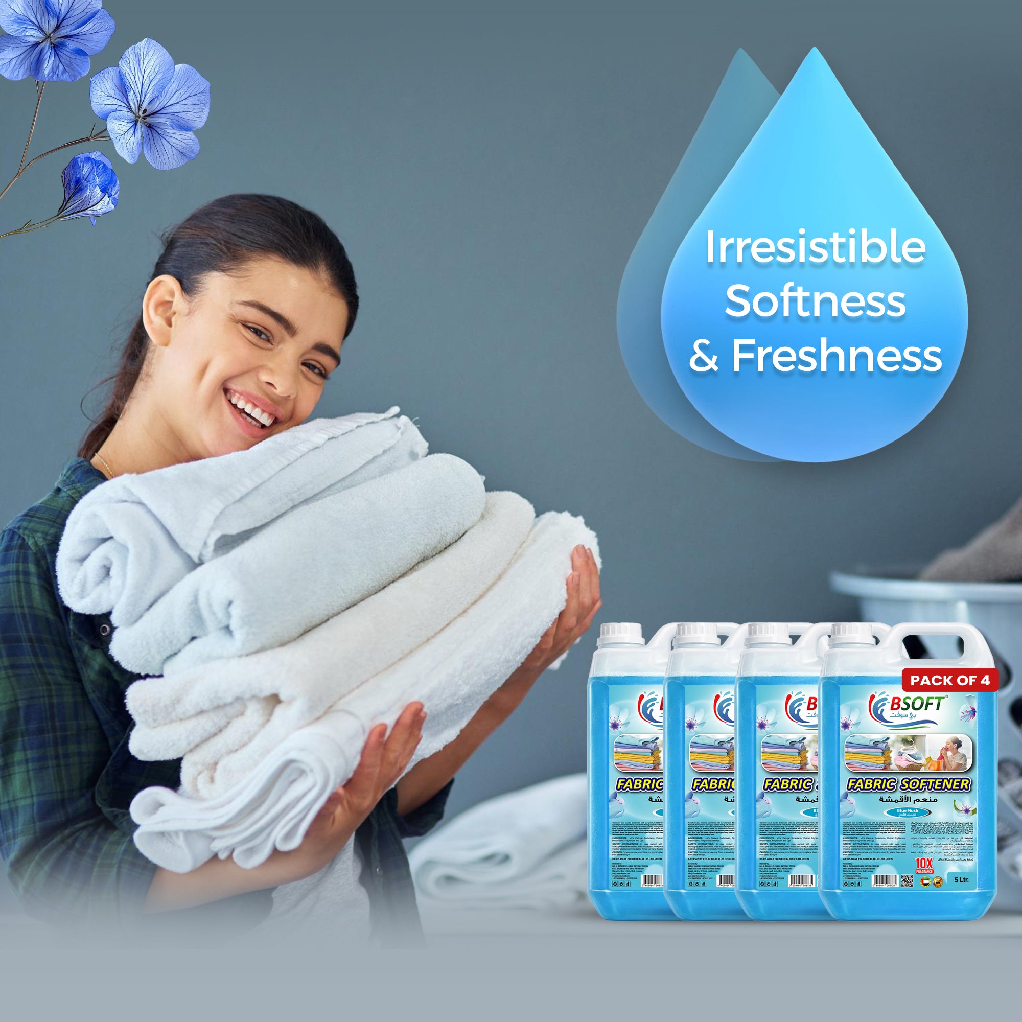BSOFT Fabric Softener Concentrated Liquid With Blue Musk 5L Long-Lasting Freshness, Gentle Soft Care for Clothes, Safe for All Fabrics (Pack of 4)(Pack of 4)