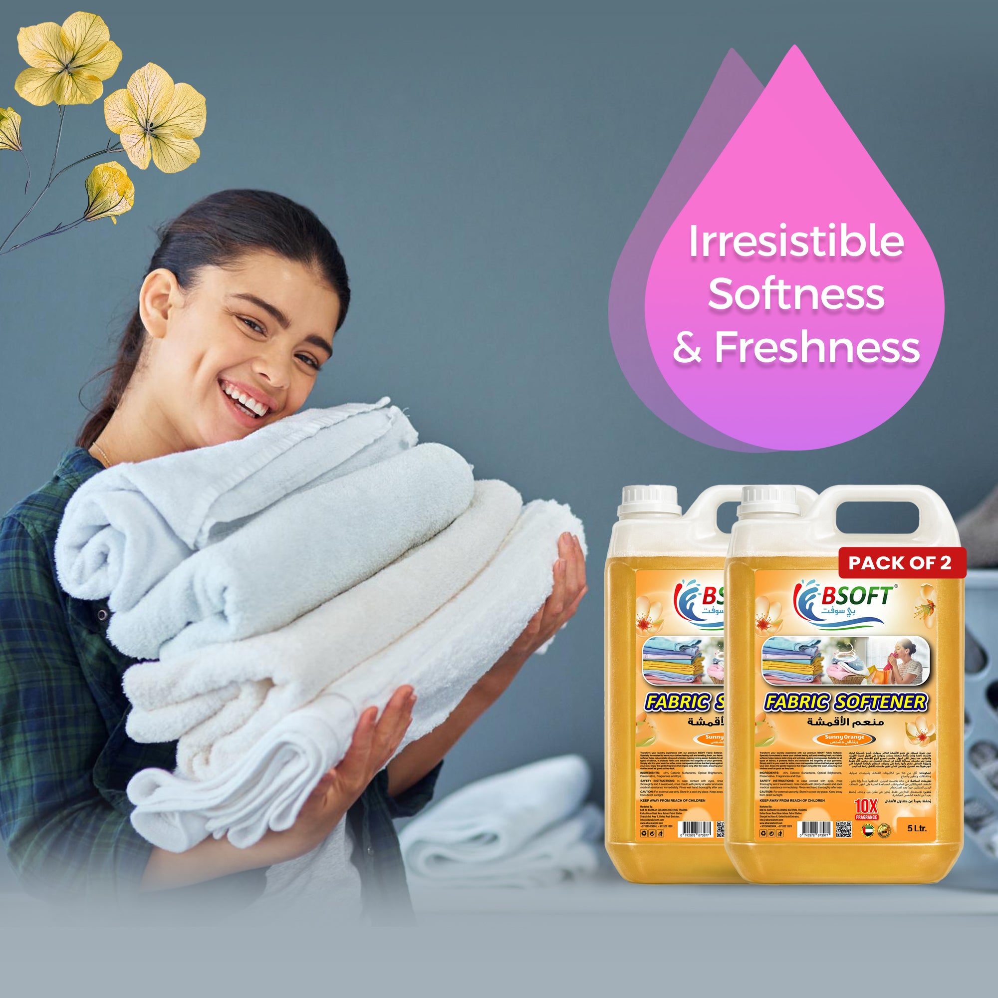 BSOFT Fabric Softener Concentrated Liquid With Sunny Orange Fragrance 5L Long-Lasting Freshness, Gentle Soft Care for Clothes, Safe for All Fabrics (2Pcs)