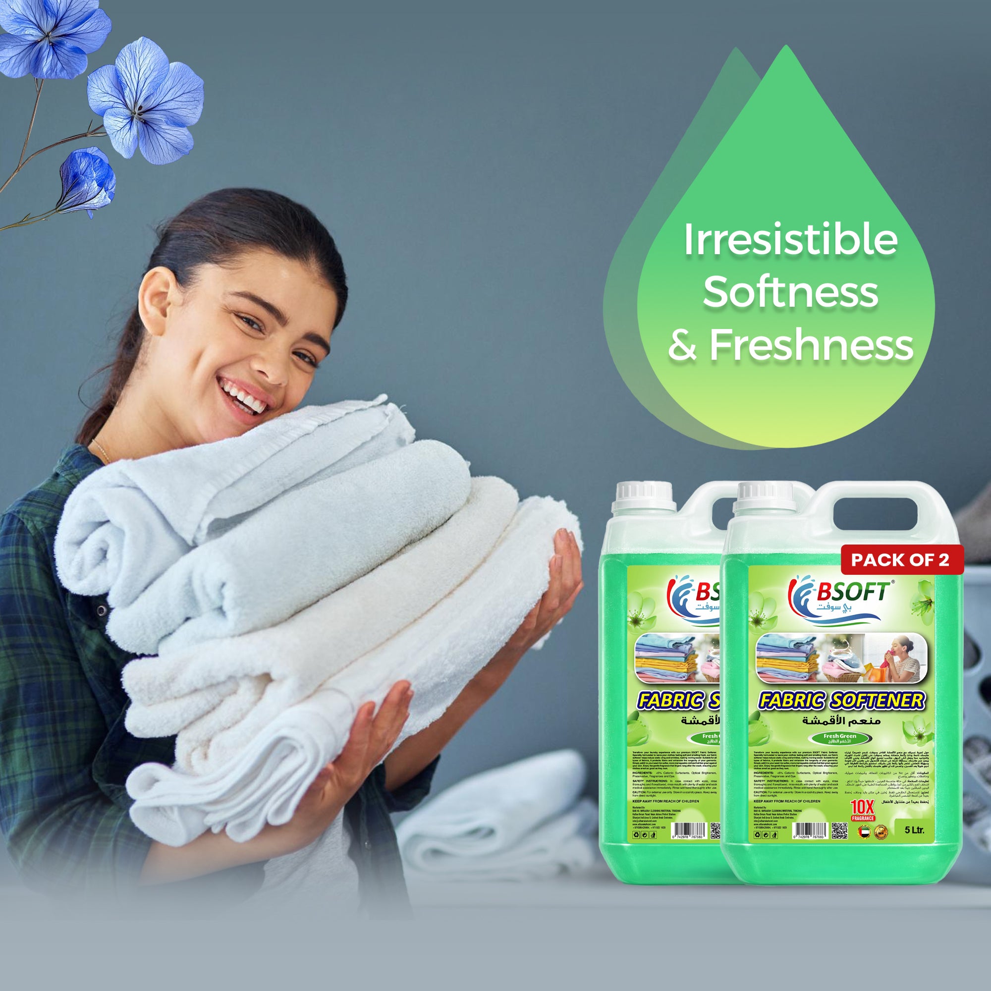 BSOFT Fabric Softener Concentrated Liquid With Fresh Green Fragrance 5L Long-Lasting Freshness, Gentle Soft Care for Clothes, Safe for All Fabrics (2Pcs)