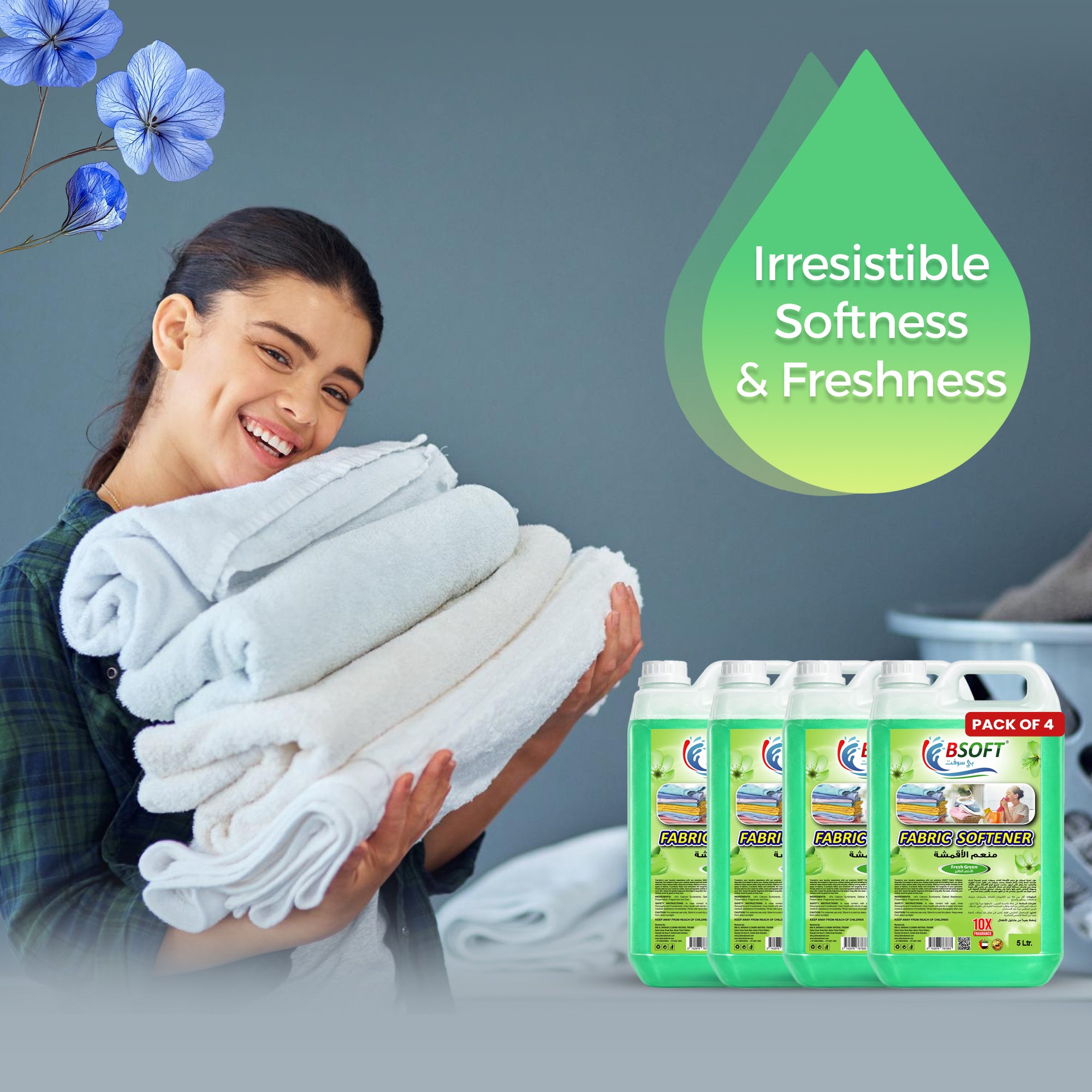 BSOFT Fabric Softener Concentrated Liquid With Fresh Green 5L Long-Lasting Freshness, Gentle Soft Care for Clothes, Safe for All Fabrics (Pack of 4)