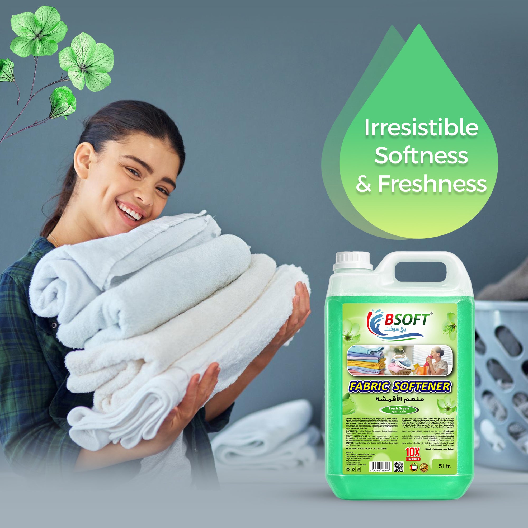 BSOFT Fabric Softener Concentrated Liquid With Fresh Green Fragrance 5L Long-Lasting Freshness, Gentle Soft Care for Clothes, Safe for All Fabrics