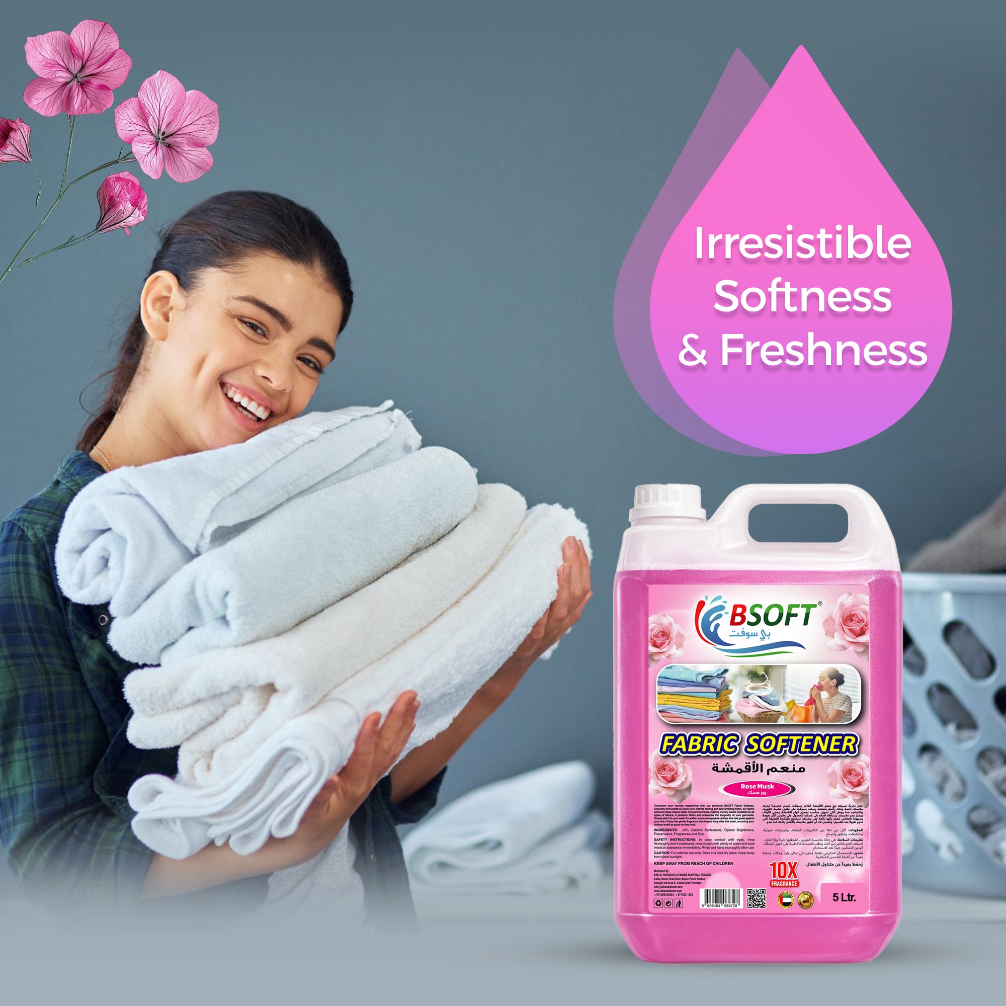 BSOFT Fabric Softener Concentrated Liquid With Rose Musk Fragrance 5L Long-Lasting Freshness, Gentle Soft Care for Clothes, Safe for All Fabrics