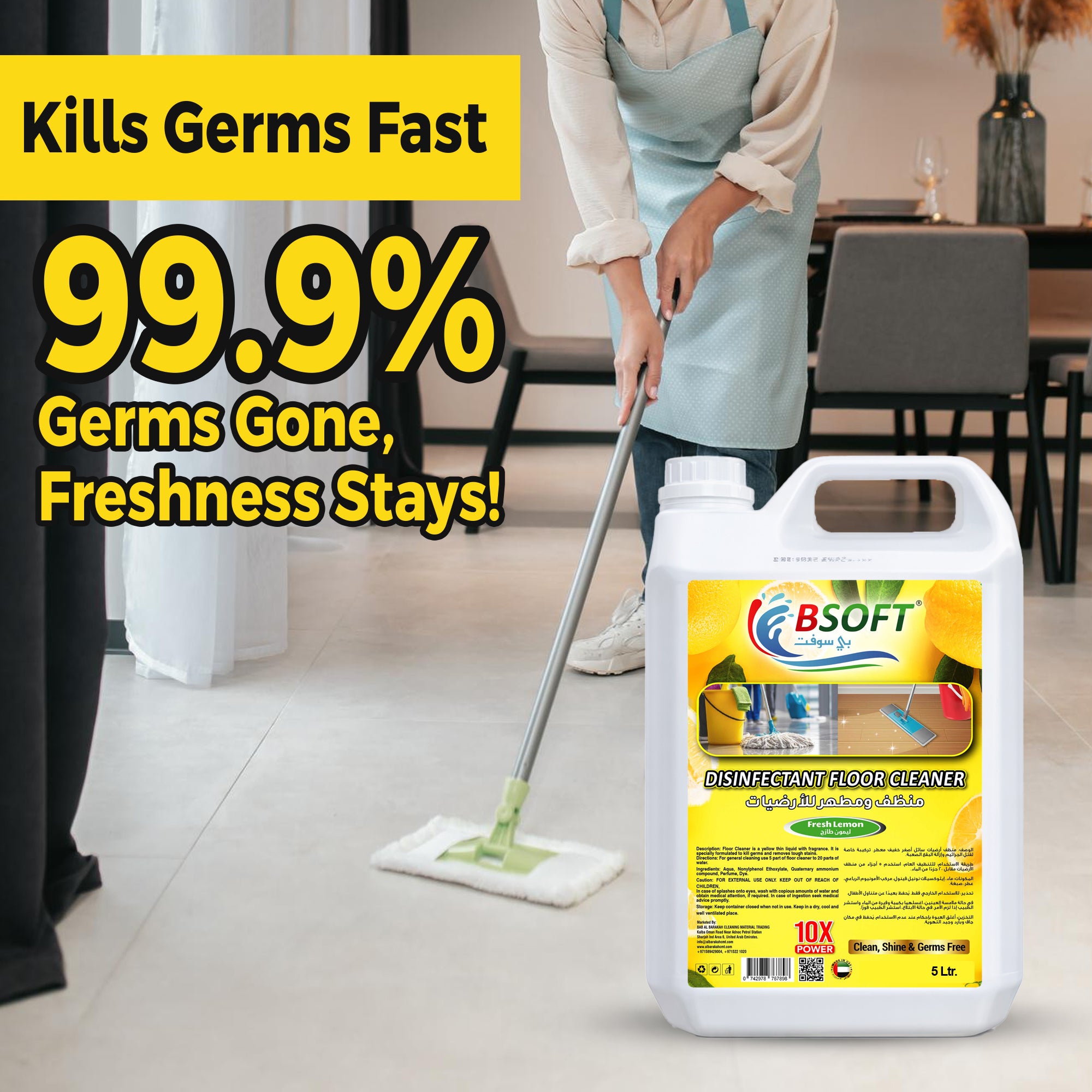BSOFT Antibacterial Power Floor Cleaner Fresh Lemon Scent 5L – Multi-Surface Cleaning Solution, Removes Germs & Odors, Long-Lasting Freshness
