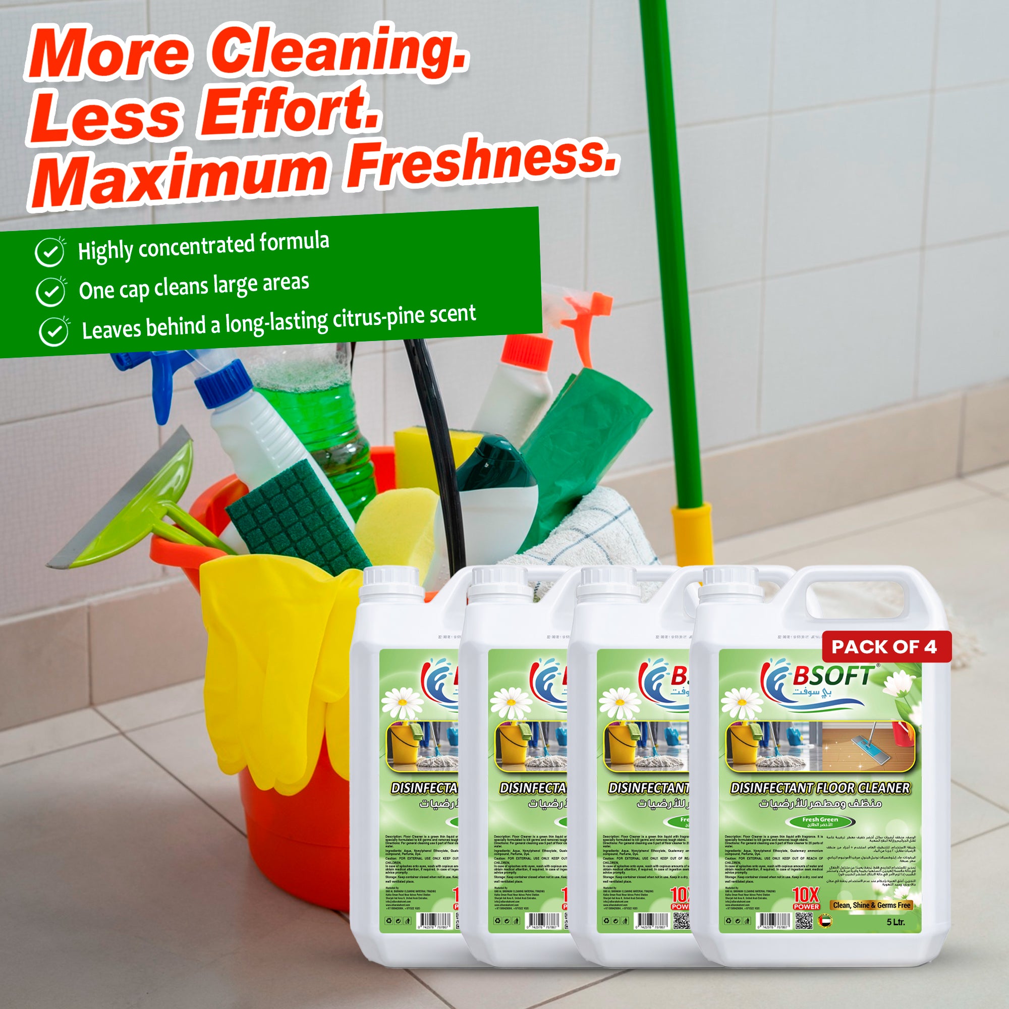 BSOFT Disinfectant Floor Cleaner Fresh Green 5 Liters - Pack of 4 - Sparkling Clean Floors with a Floral Touch