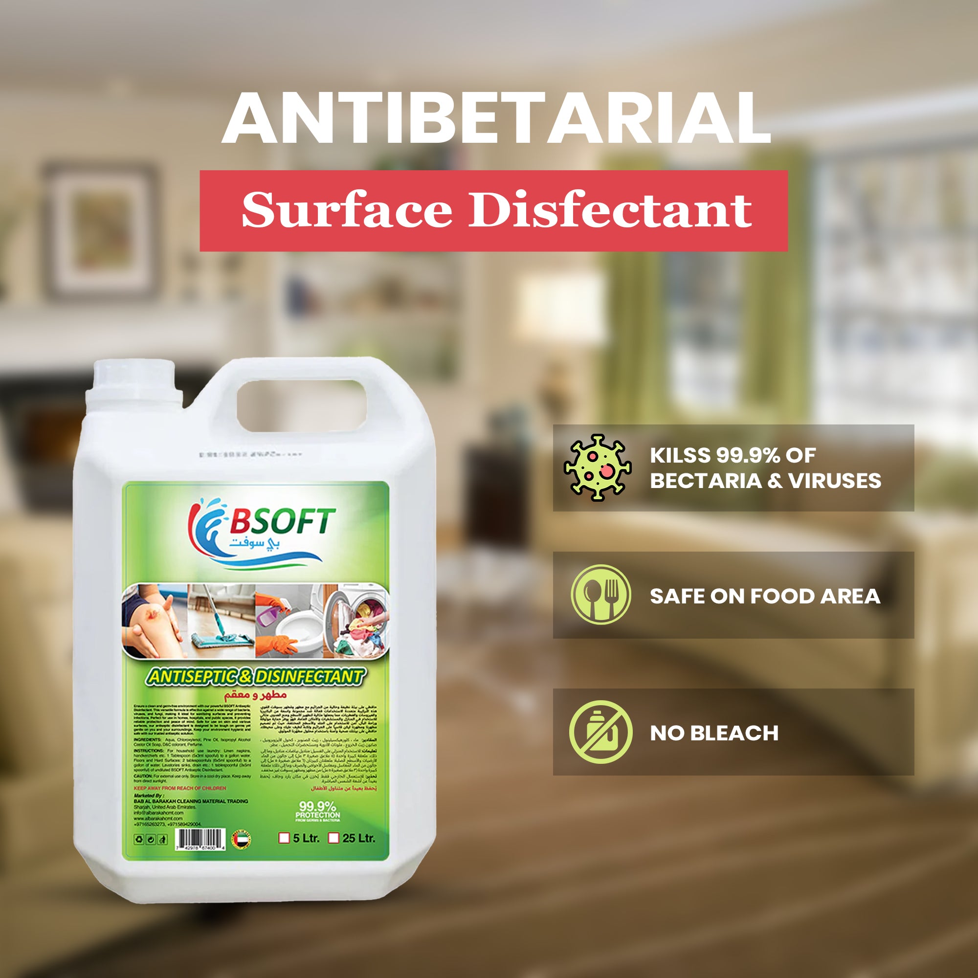 BSOFT Premium Quality Antiseptic & Disinfectant Liquid 5 Liters, Your Ultimate Solution for a Safer and Healthier Environment!