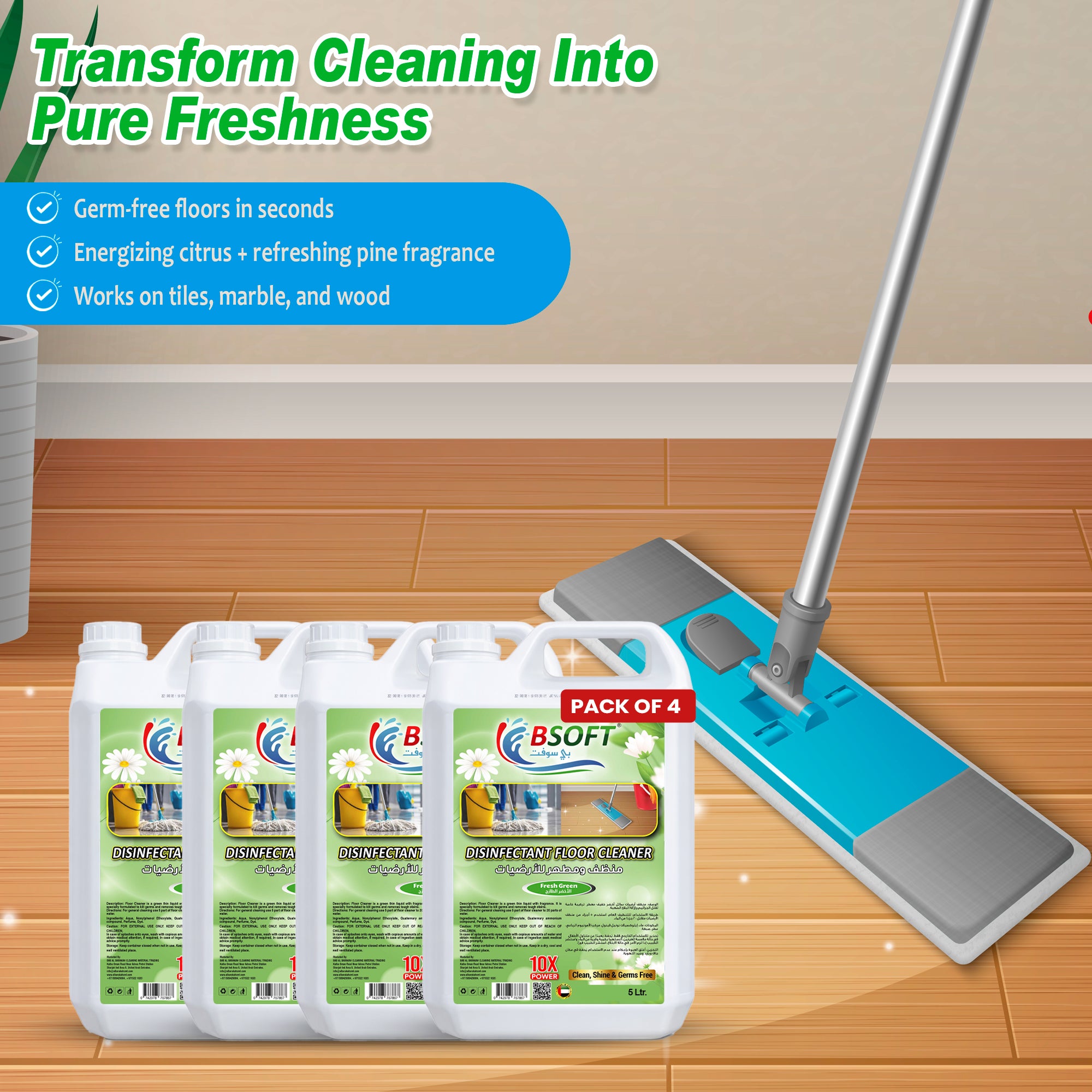 BSOFT Disinfectant Floor Cleaner Fresh Green 5 Liters - Pack of 4 - Sparkling Clean Floors with a Floral Touch